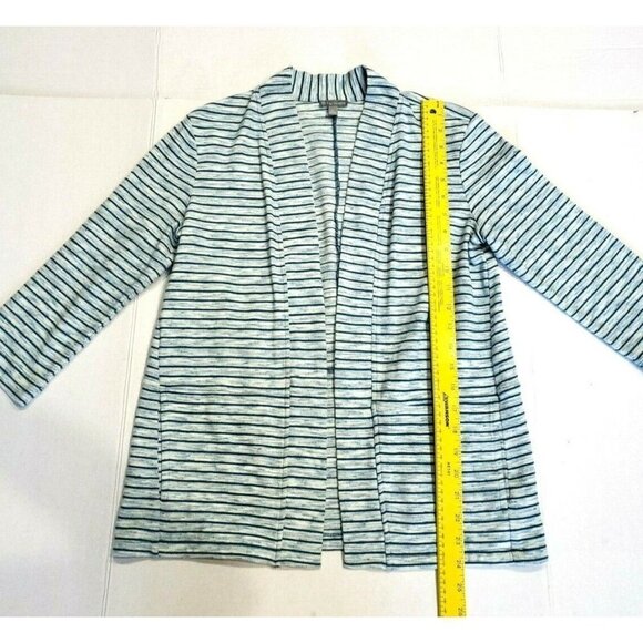 T By Talbots Women's Petite Teal White Striped Open Long-sleeve Top Active Shirt - Picture 2 of 7